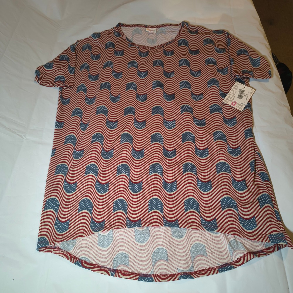LuLaRoe Irma Tunic Top Small S Womens Red‎ White Blue Wavy Flag Americana NWT